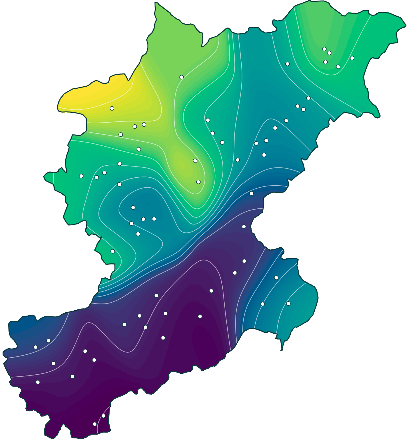 Interpolated surface clipped on the border of the province of Belluno, with contour lines and the 61 data points
